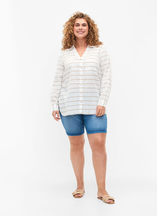Puuvilla-pellavasekoitteinen paitapusero, jossa on napitus, White Taupe Stripe, Model image number 2