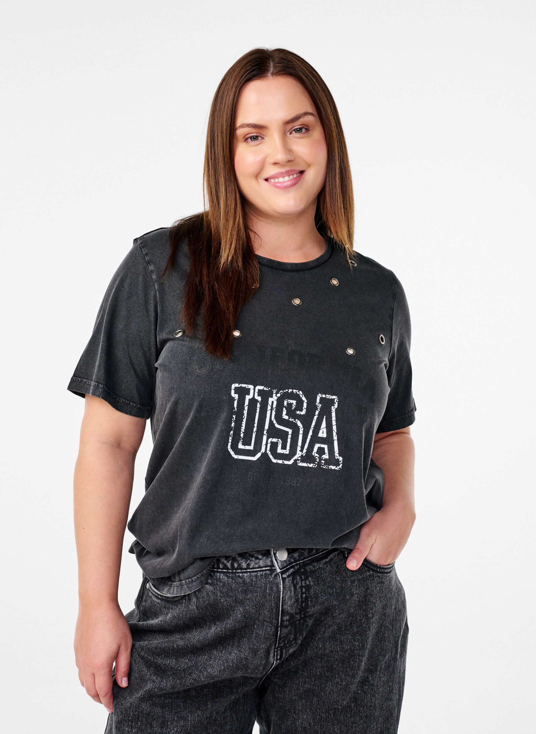 Zizzi T-paita silmukoin ja printill&auml;, Grey Washed , Model image number 0