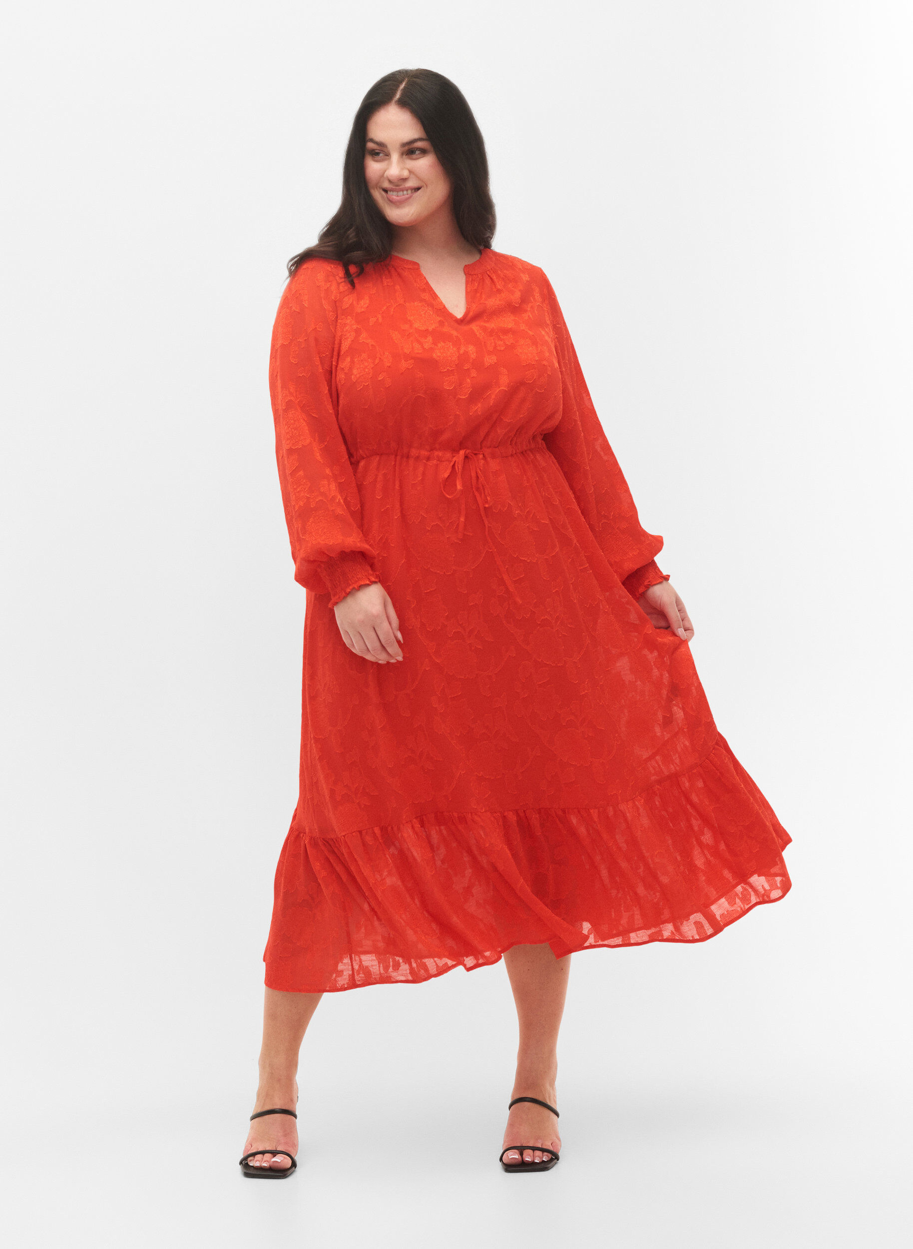 Zizzi Pitk&auml;hihainen midi-mekko jacquard- kankaalla, Orange.com, Model image number 0