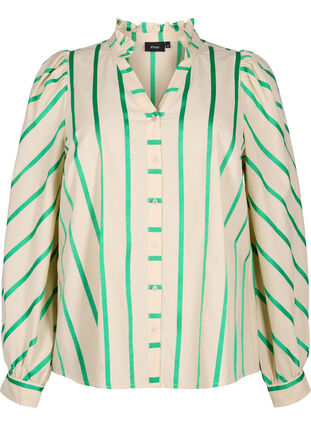 Puuvillainen paitapusero raidallisella kuosilla ja röyhelökauluksella, Beige Green Stripe, Packshot image number 0