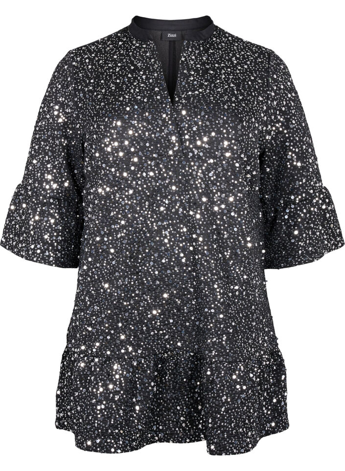 Paljettimekko V-pääntiellä ja 3/4-hihoilla, Black w. Sequins, Packshot image number 0