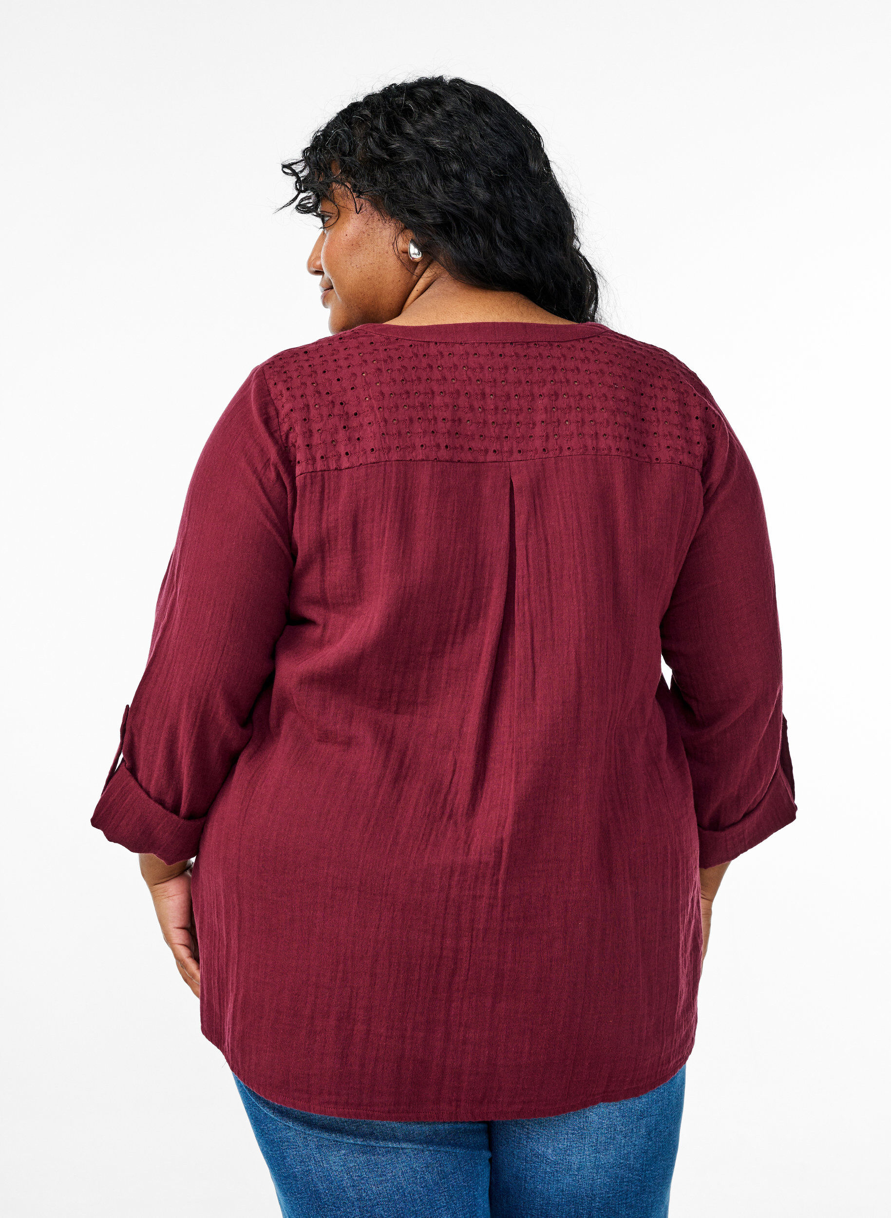 ZizziPaita puuvillamusliinissa, jossa broderie anglaise -kirjailu, Tumma Bordeaux, Model image number 2