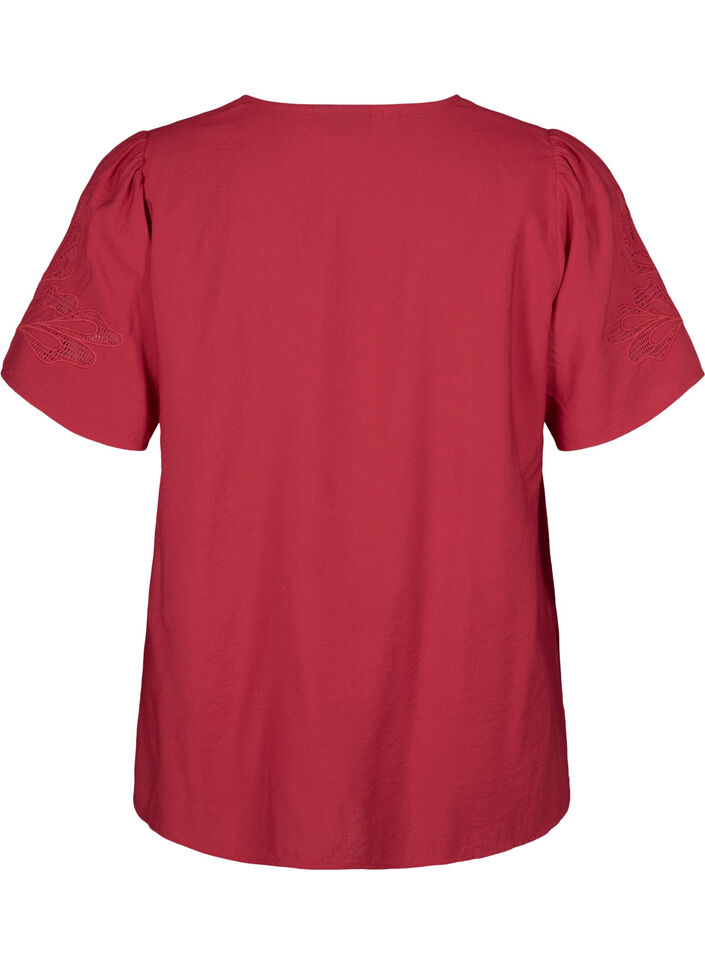 Lyhythihainen brodeerattu viskoosipusero, Punainen, Packshot image number 1