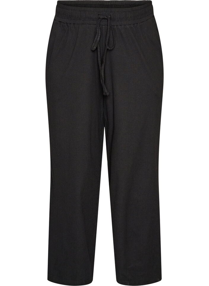 Ribatut pyjamahousut suorilla lahkeilla, Musta, Packshot image number 0
