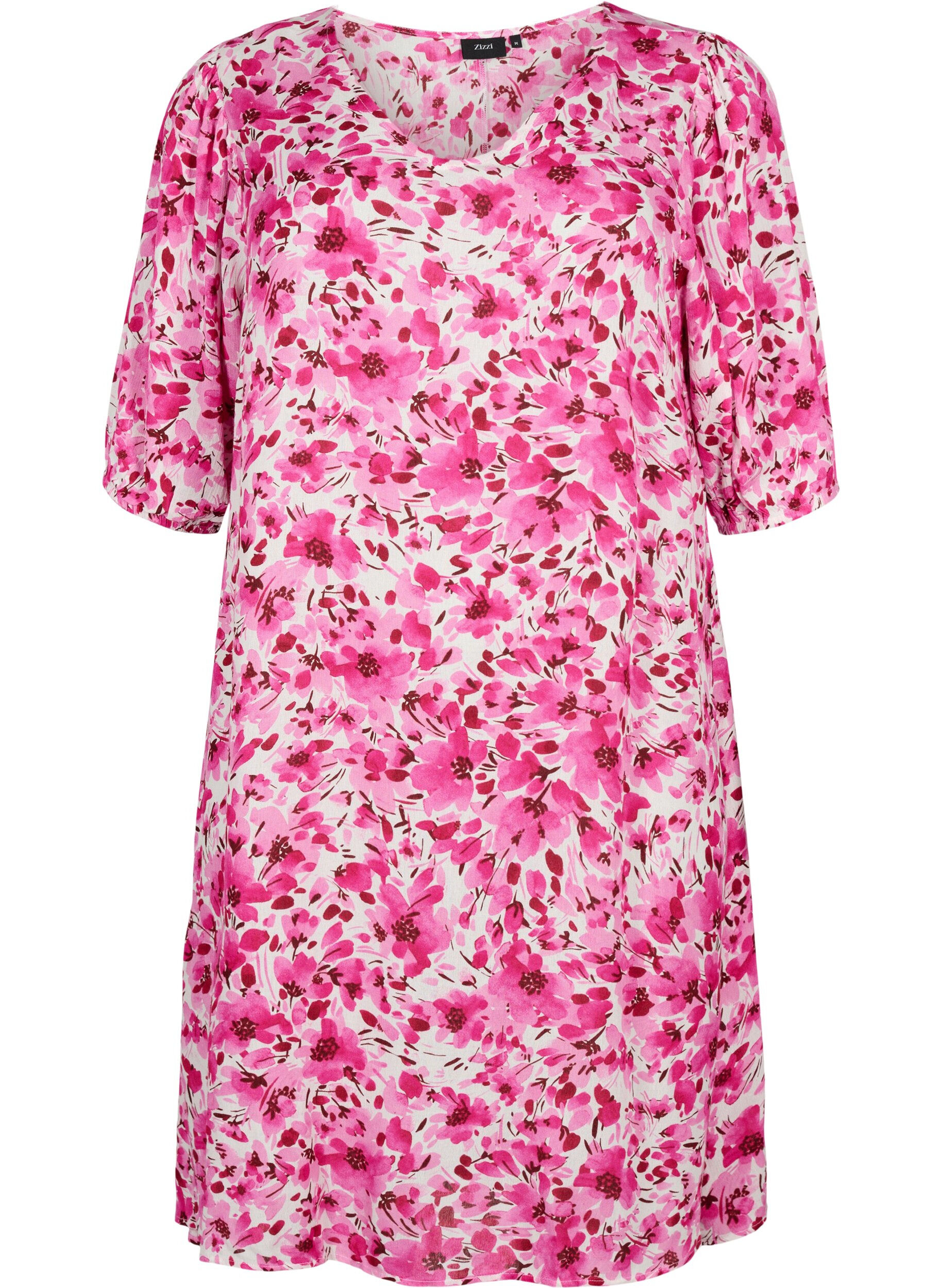 Zizzi Kukallinen viskoosimekko A-mallissa, Pink Flower Rain, Packshot image number 0