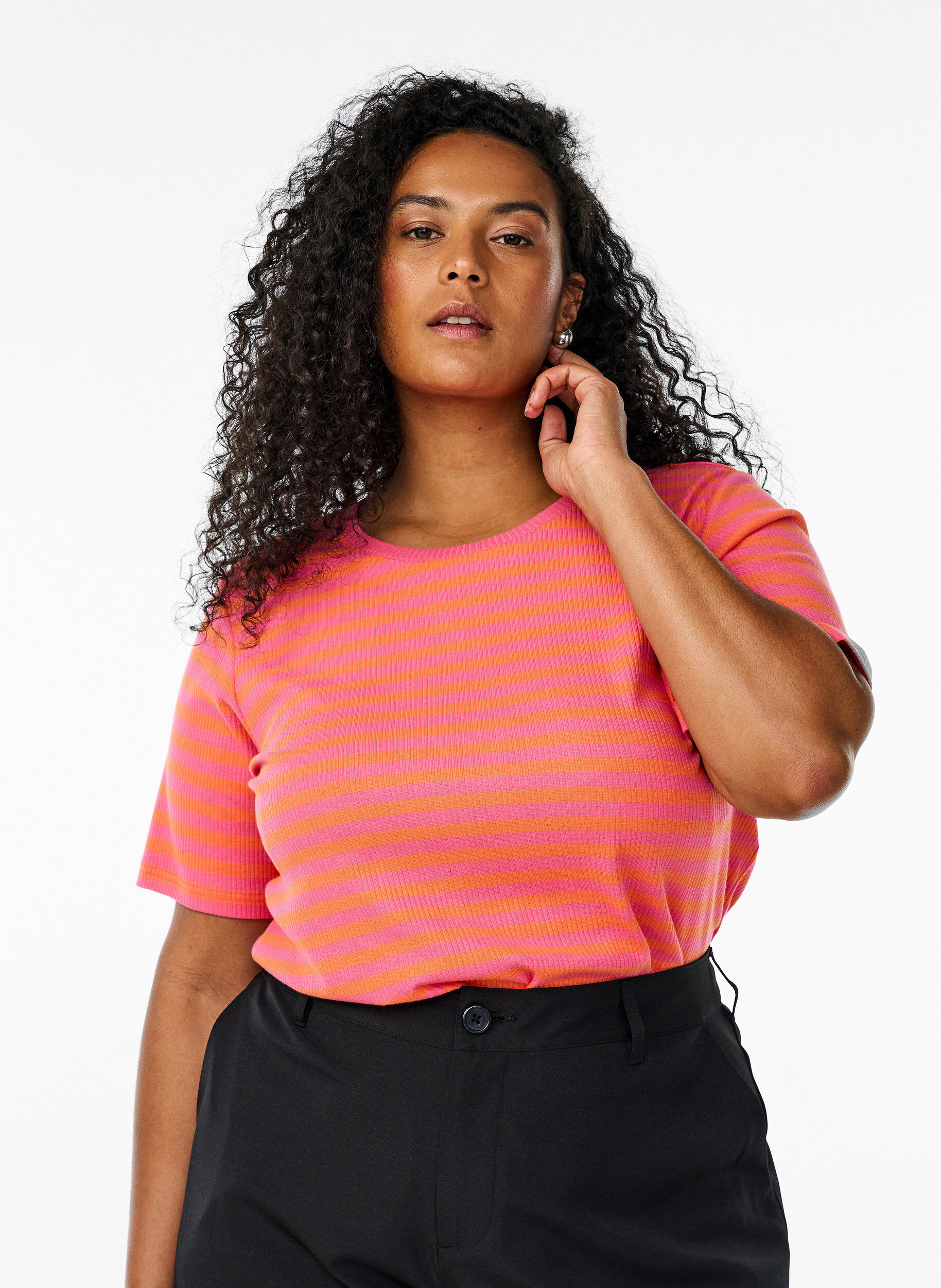 Zizzi Raidallinen ribattu T-paita, Oranssi, Model image number 0