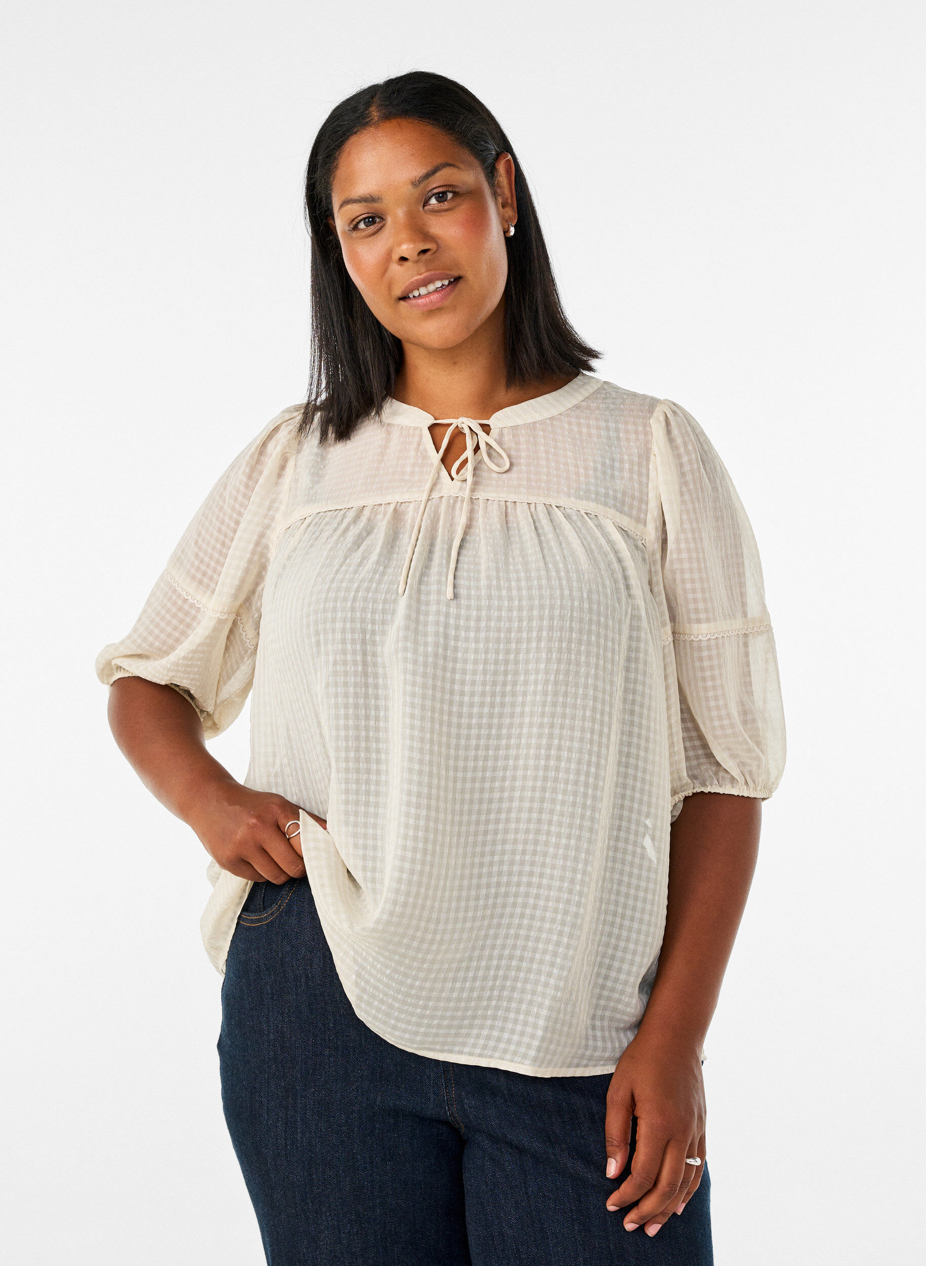 ZizziSeersucker-pusero ny&ouml;rill&auml;, Beige, Model image number 0