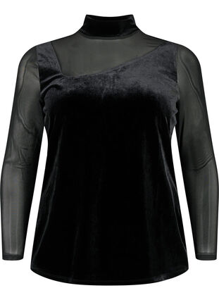 Samettinen pusero pitkillä mesh-kankaisilla hihoilla	, Black, Packshot image number 0
