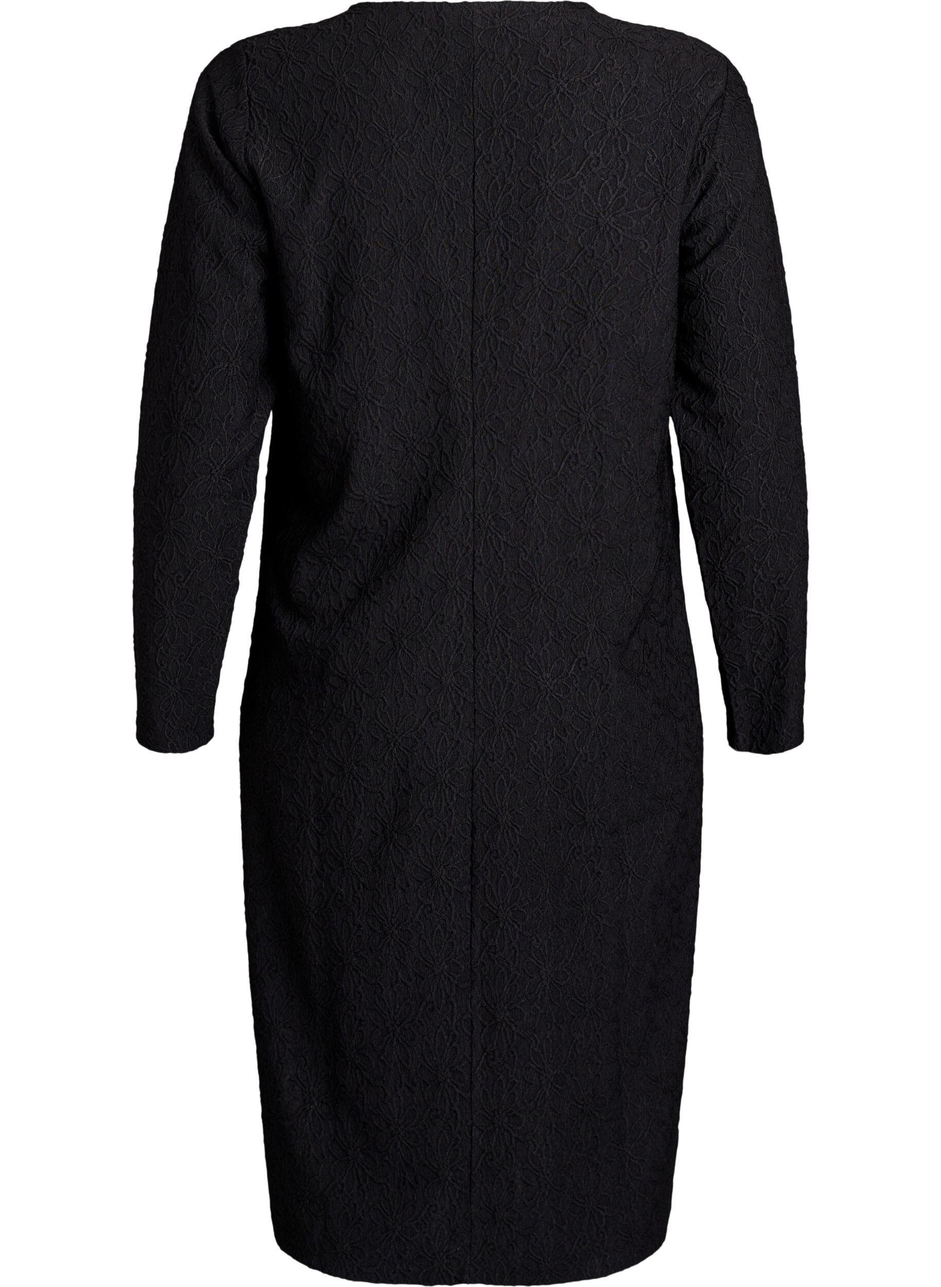 Zizzi Kukallinen kohopintainen mekko pitkill&auml; hihoilla, Musta, Packshot image number 1