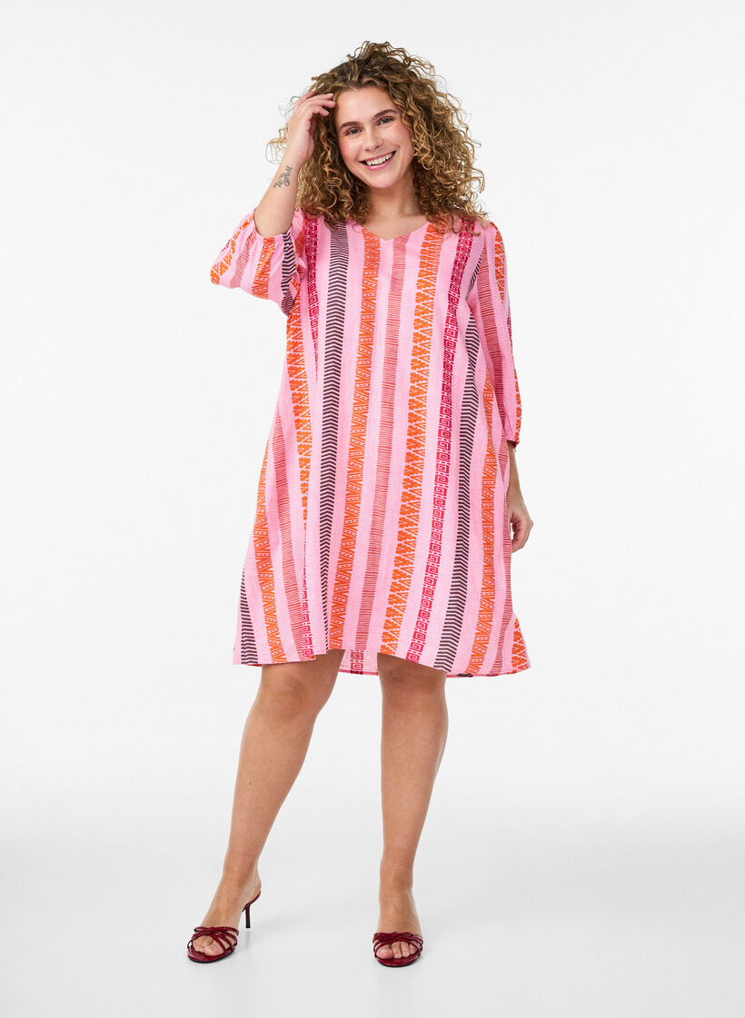 Lyhyt mekko pellavasta ja viskoosista, 3/4-hihoilla, Vaaleanpunainen, Model image number 1