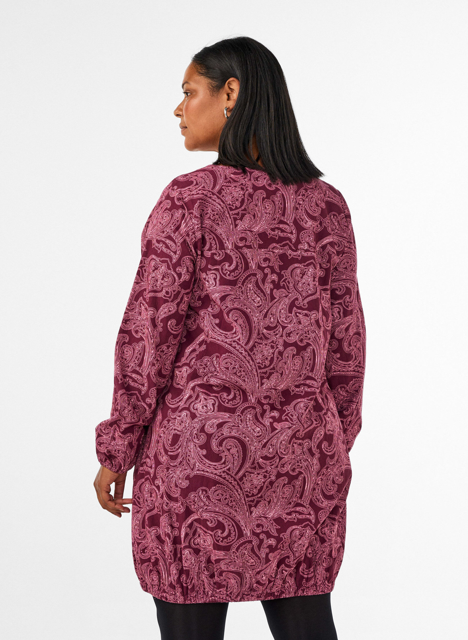 ZizziLyhyt puuvillamekko joustavalla helmalla ja pitk&auml;t hihat, Tumma Bordeaux, Model image number 2