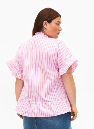 Raidallinen pusero, jossa on peplum ja röyhelöitä, Pink Red Stripe, Model image number 1