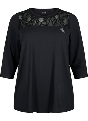 Treeni-t-paita, jossa on 3/4-pituiset hihat ja kuviollinen mesh-kangas, Black, Packshot image number 0