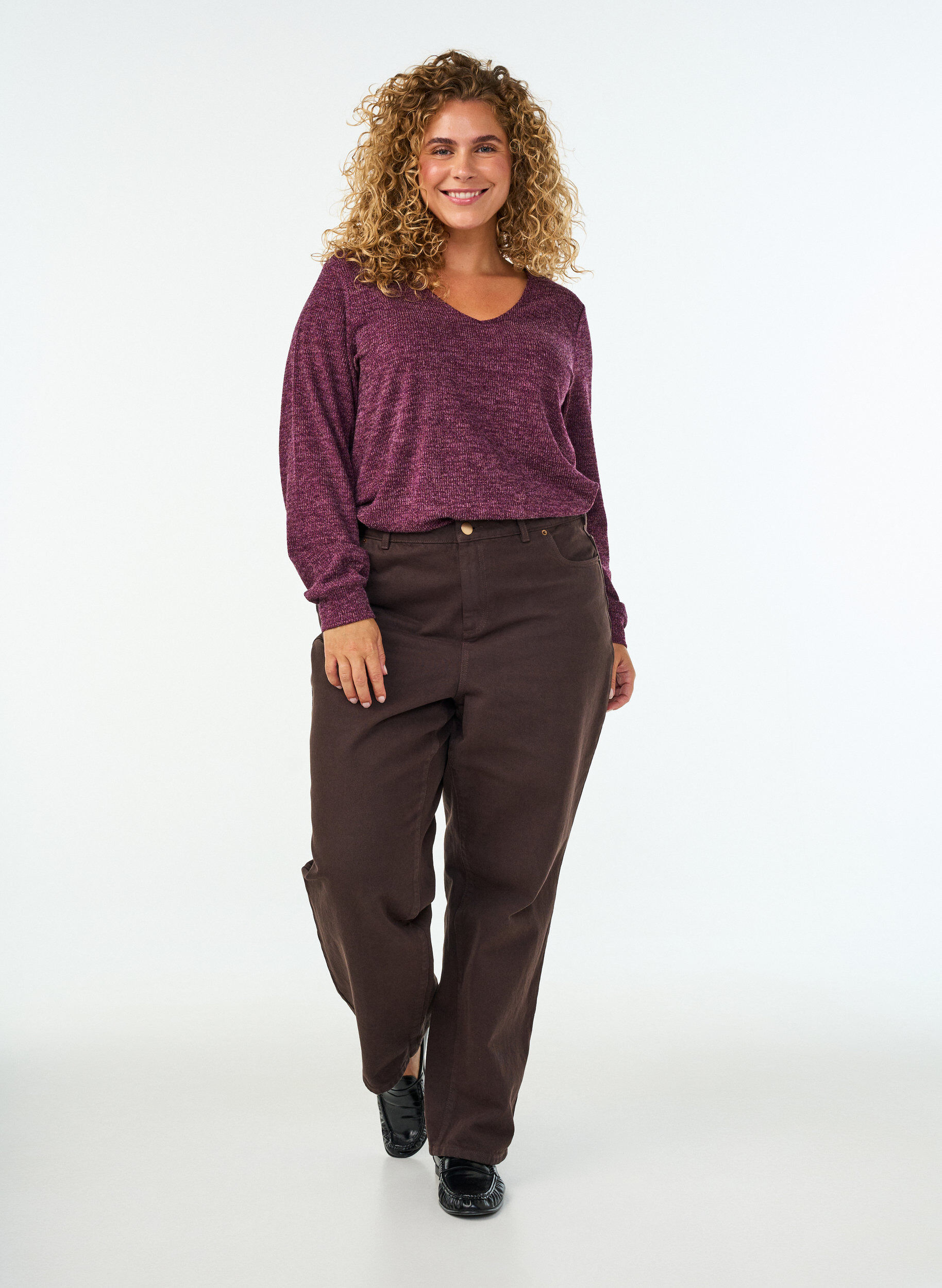 ZizziJerseypusero V-p&auml;&auml;ntiell&auml; ja pitk&auml;t hihat, Tumma Bordeaux, Model image number 1