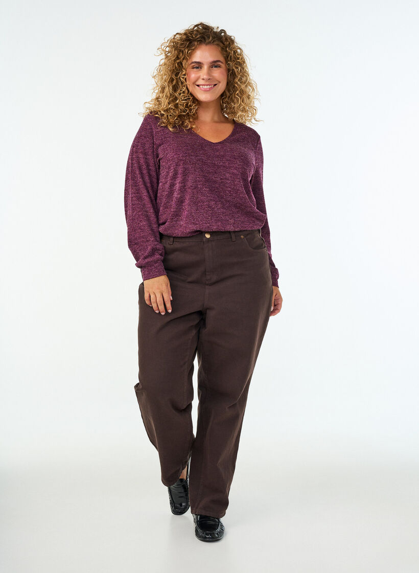 Jerseypusero V-p&auml;&auml;ntiell&auml; ja pitk&auml;t hihat, Tumma Bordeaux, Model image number 1