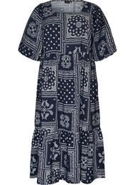 Nilkkapituinen mekko viskoosista paisley-kuviolla ja lyhyill&auml; hihoilla, Sininen