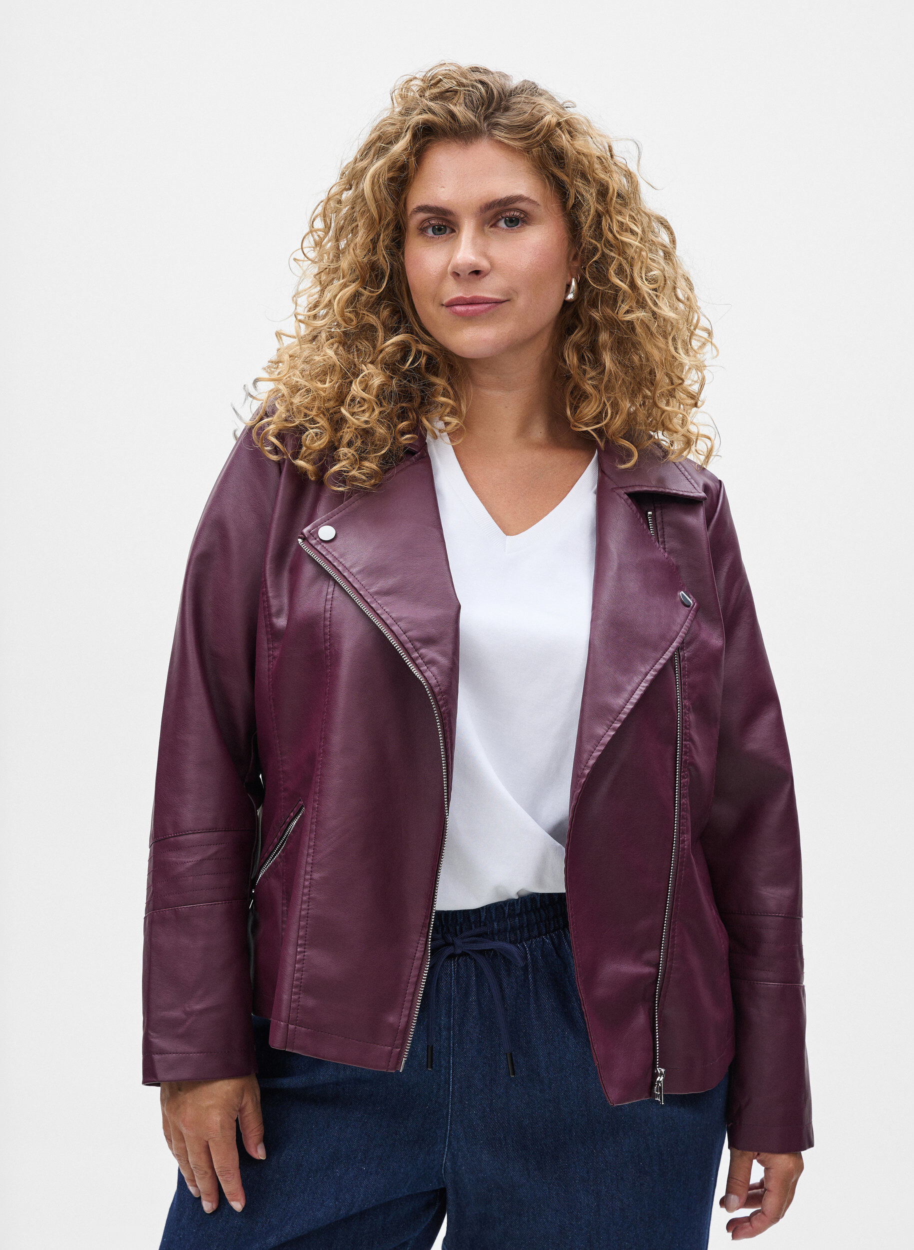 Keinonahkainen biker-takki, Tumma Bordeaux, Model