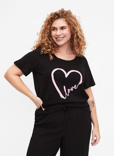 Puuvillainen T-paita painatuksella, Black W. Heart L., Model image number 0