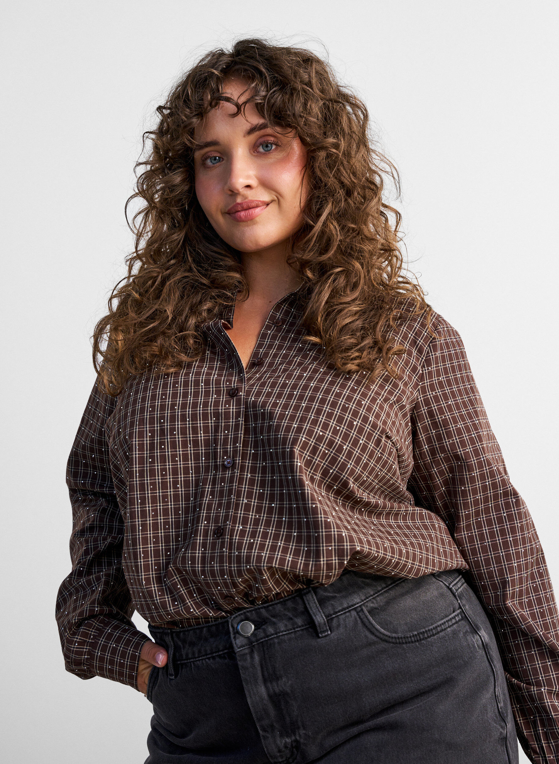 ZizziRuudullinen paita strasseilla, Ruskea, Model image number 3