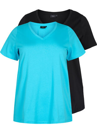 2 perus t-paitaa puuvillasta, Blue Atoll / Black, Packshot image number 0