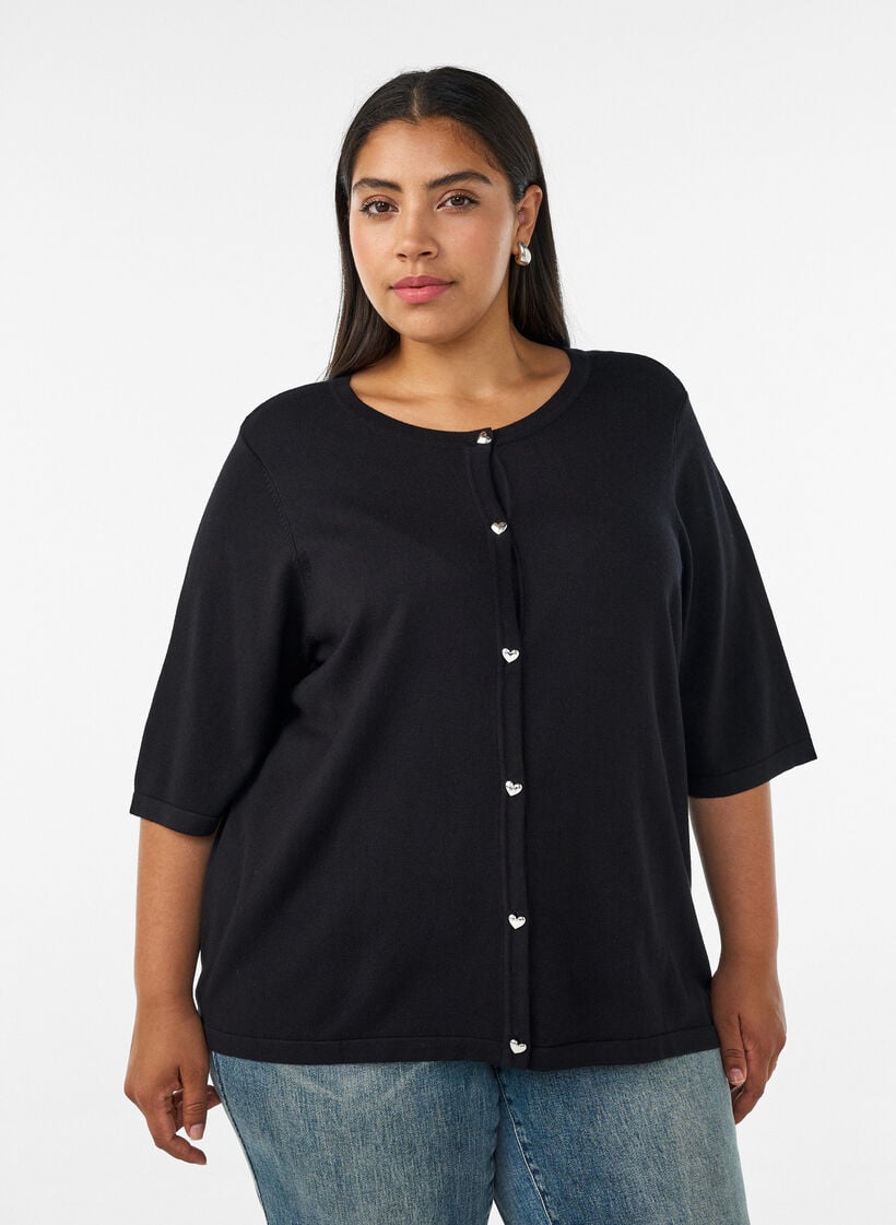 Neulecardigan syd&auml;nnapeilla ja lyhyill&auml; hihoilla, Musta, Model image number 0