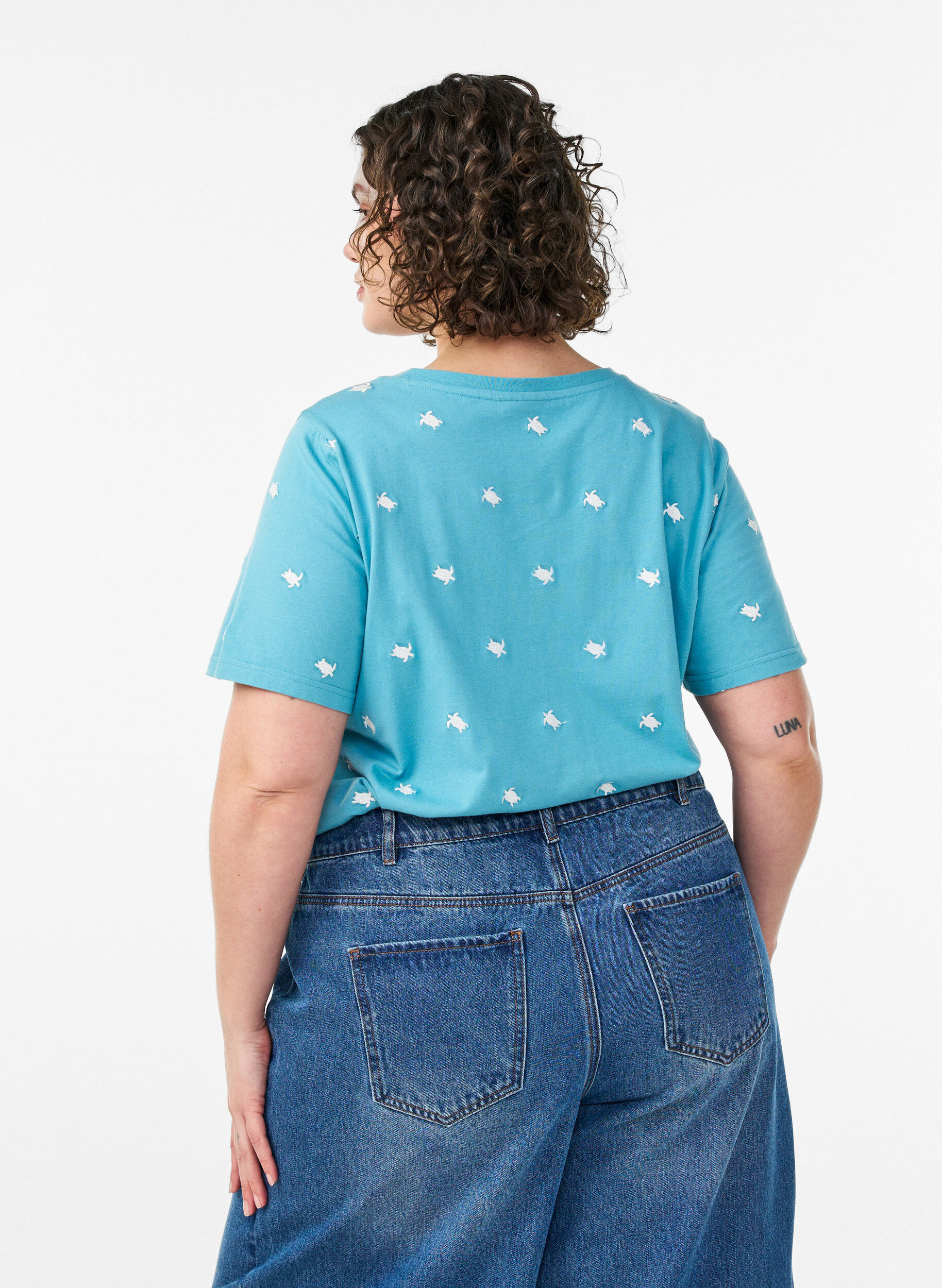 ZizziLuomupuuvillainen T-paita kirjailuilla kuvioilla, Sininen, Model image number 2