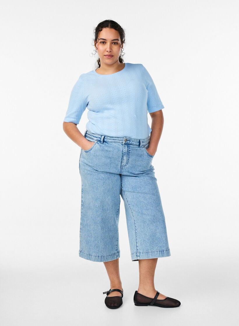 Puuvillainen T-paita reik&auml;kirjonnalla, Sininen, Model image number 1