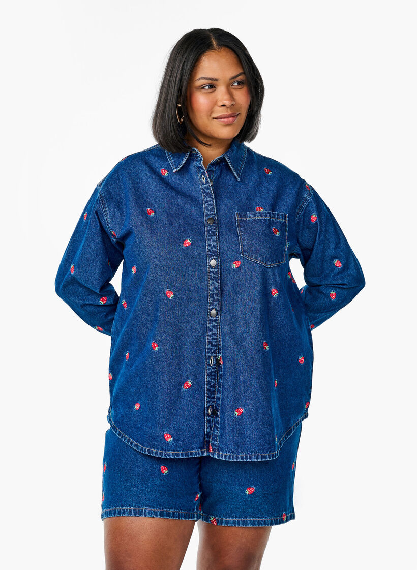 Farkkushortsit, joihin on kirjailtu mansikoita, Sininen, Model image number 0