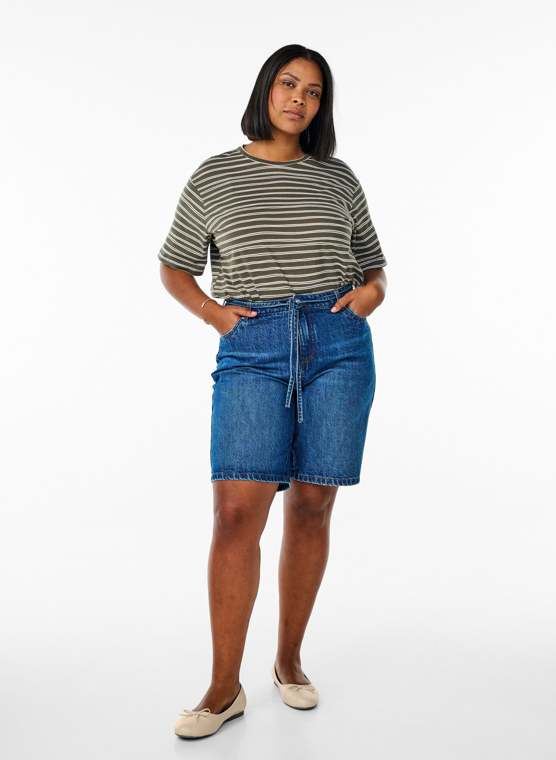 Zizzi Raidallinen t-paita, Vihre&auml;, Model image number 1