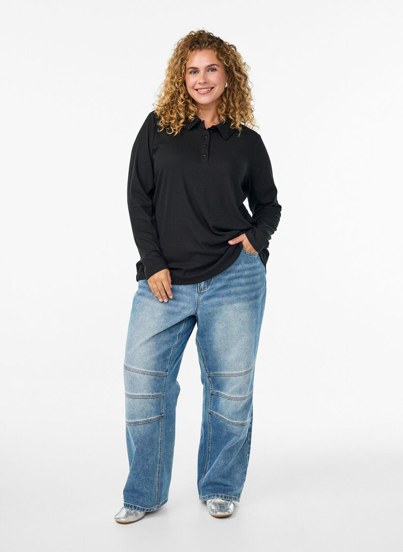 Pitkähihaiset pikeepaita joustavassa ribatulla laadulla, Musta, Model image number 1