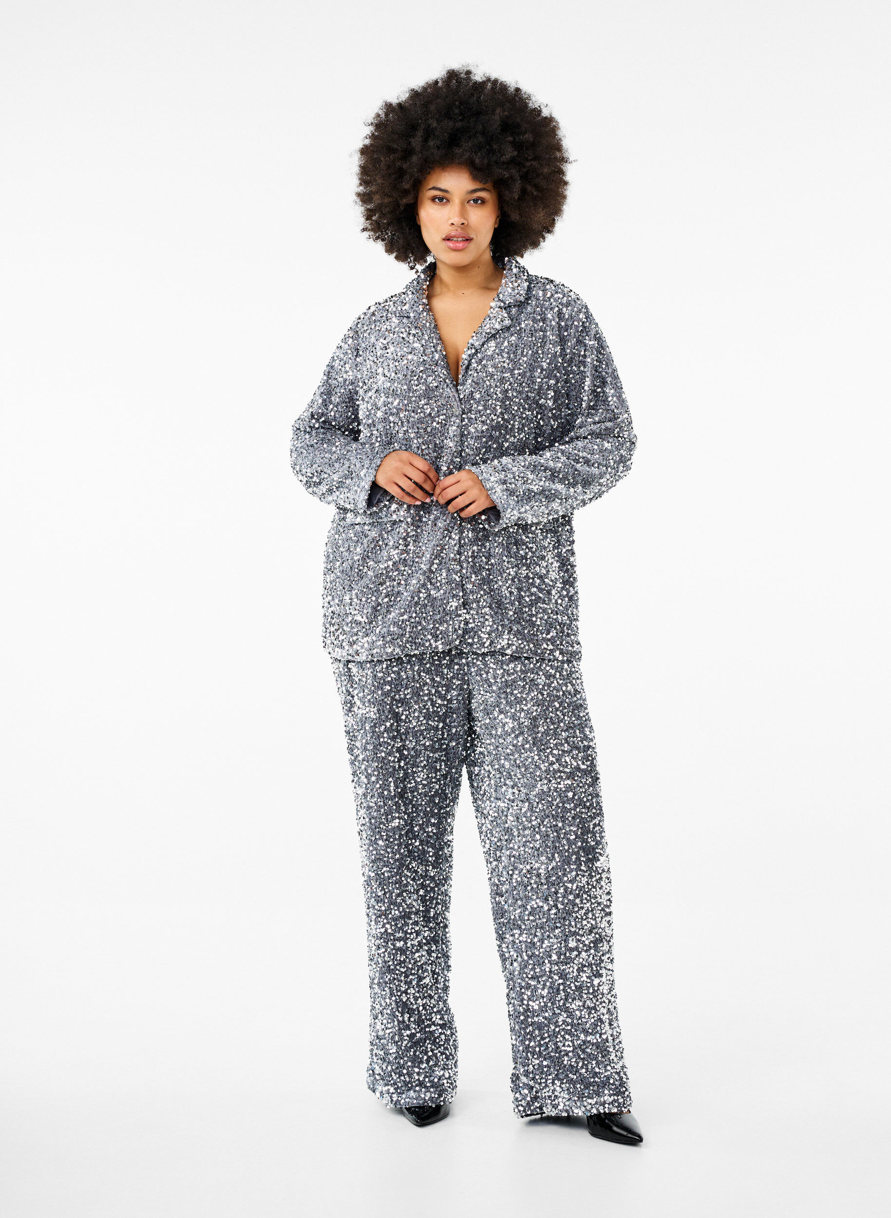 Zizzi Rennot paljetti-housut korkealla vy&ouml;t&auml;r&ouml;ll&auml;, Silver, Model image number 0