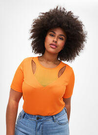 Tyköistuva V-kaula-aukkoinen pusero, jossa on verkkokankainen yksityiskohta, Vibrant Orange, Model