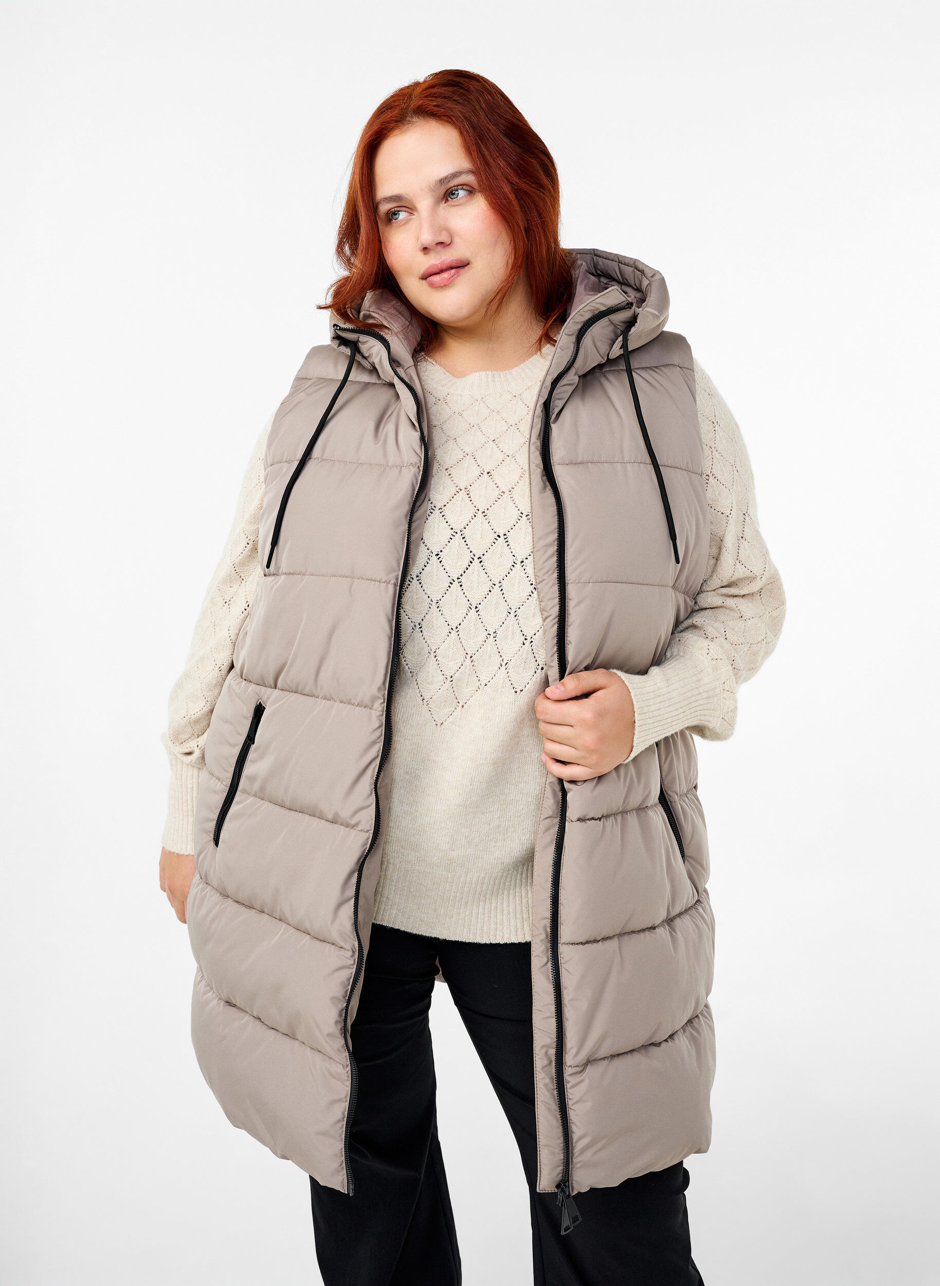 Zizzi Pitk&auml; liivi hupulla ja taskuilla, Beige, Model image number 0
