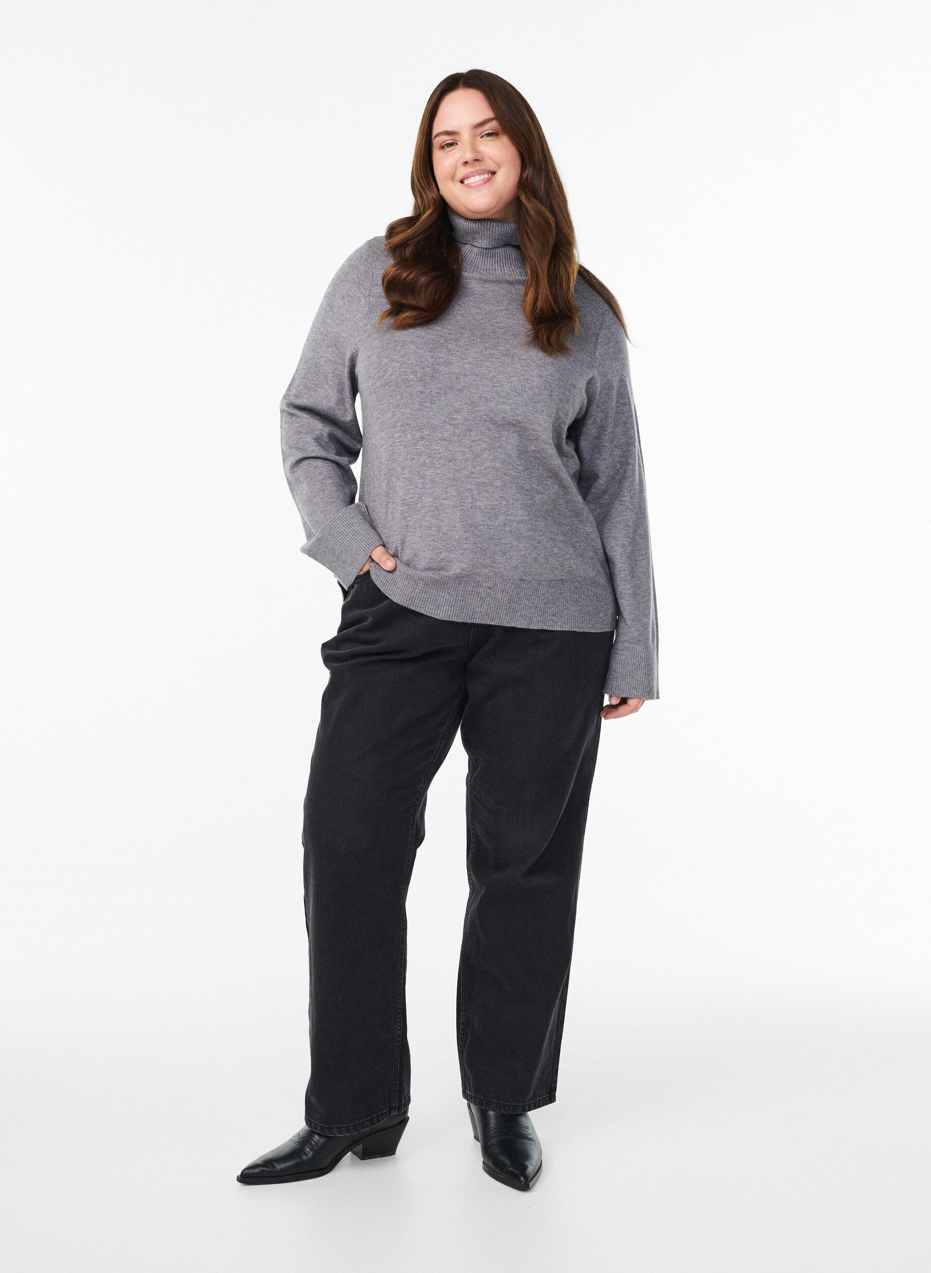 Zizzi Neulepusero korkealla kauluksella ja sivunapeilla, Harmaa, Model image number 1