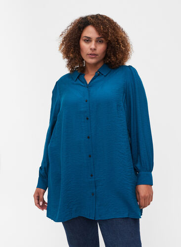Pitkä yksivärinen paita viskoosisekoitteesta, Moroccan Blue, Model image number 0