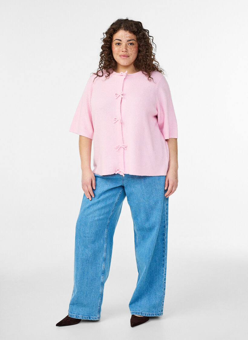 Lyhythihainen neuletakki ruseteilla, Vaaleanpunainen, Model image number 1