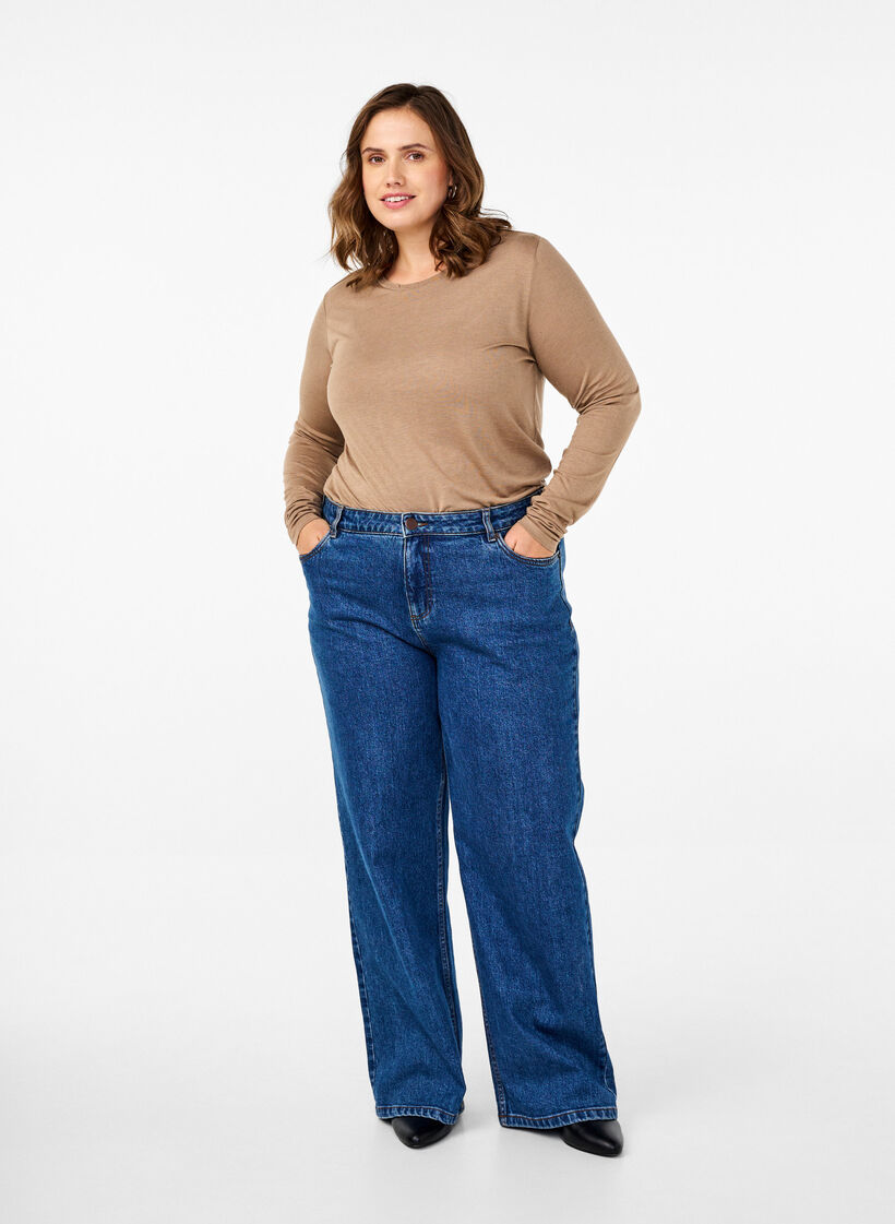 Pitk&auml;hihainen pusero villasta ja viskoosista, Ruskea, Model image number 1