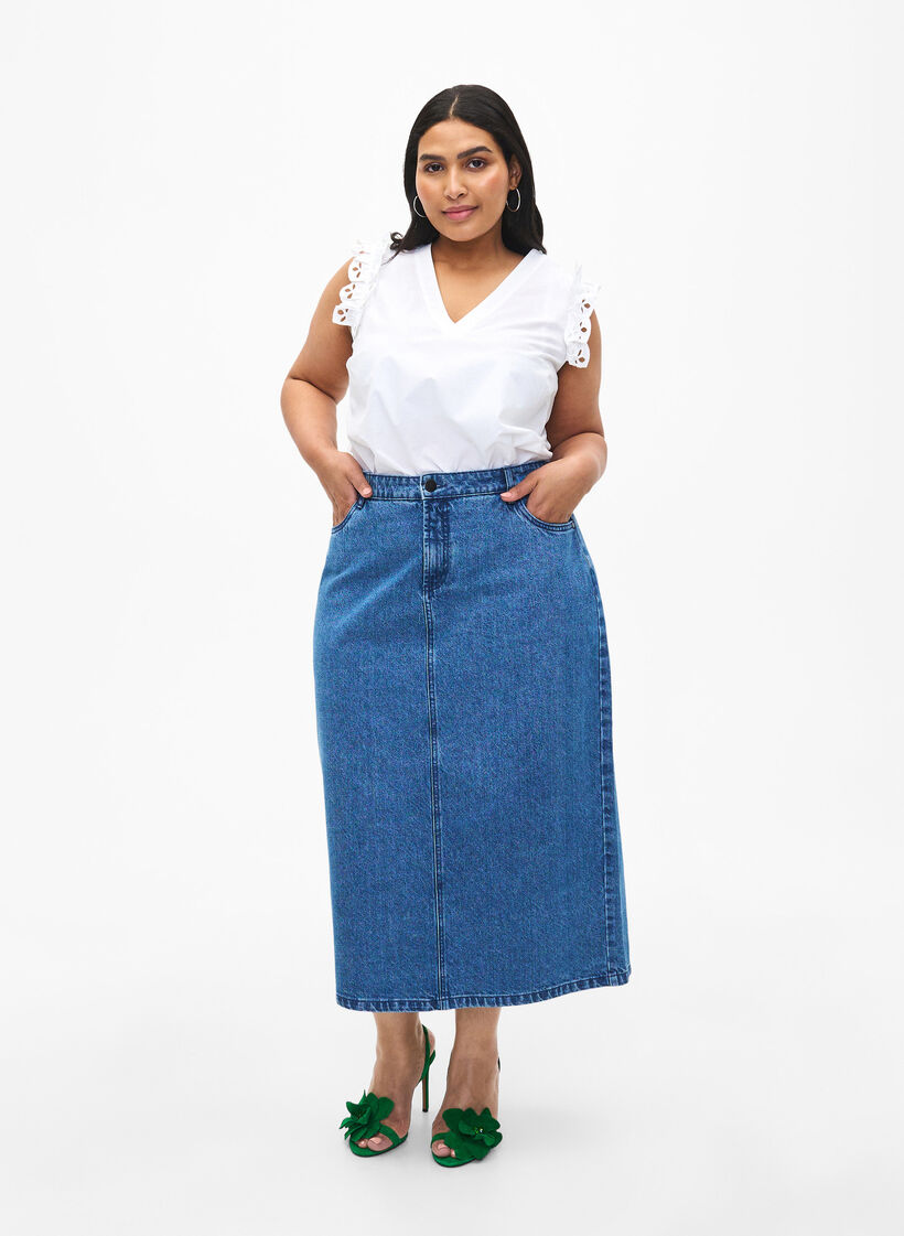 Hihaton puuvillatoppi röyhelöillä, Valkoinen, Model image number 1