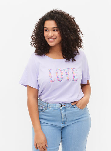 Puuvillainen t-paita pyöreällä pääntiellä ja painatuksella, Lavender W. Love, Model image number 0