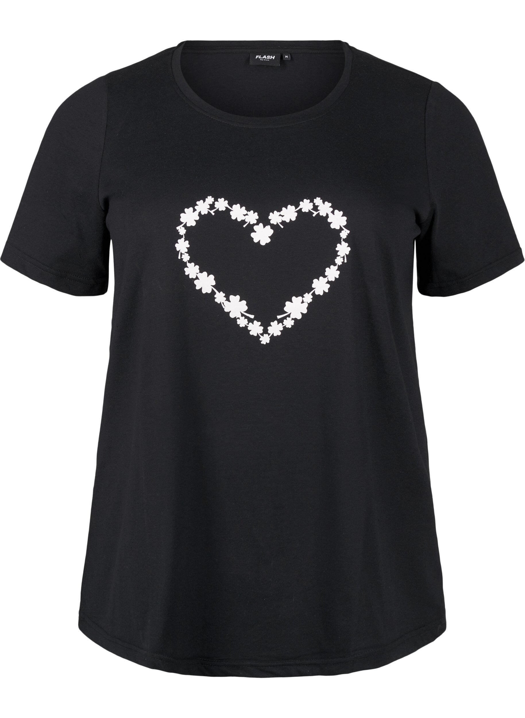 Zizzi FLASH &ndash; kuviollinen t-paita, Black Flower Heart , Packshot image number 0
