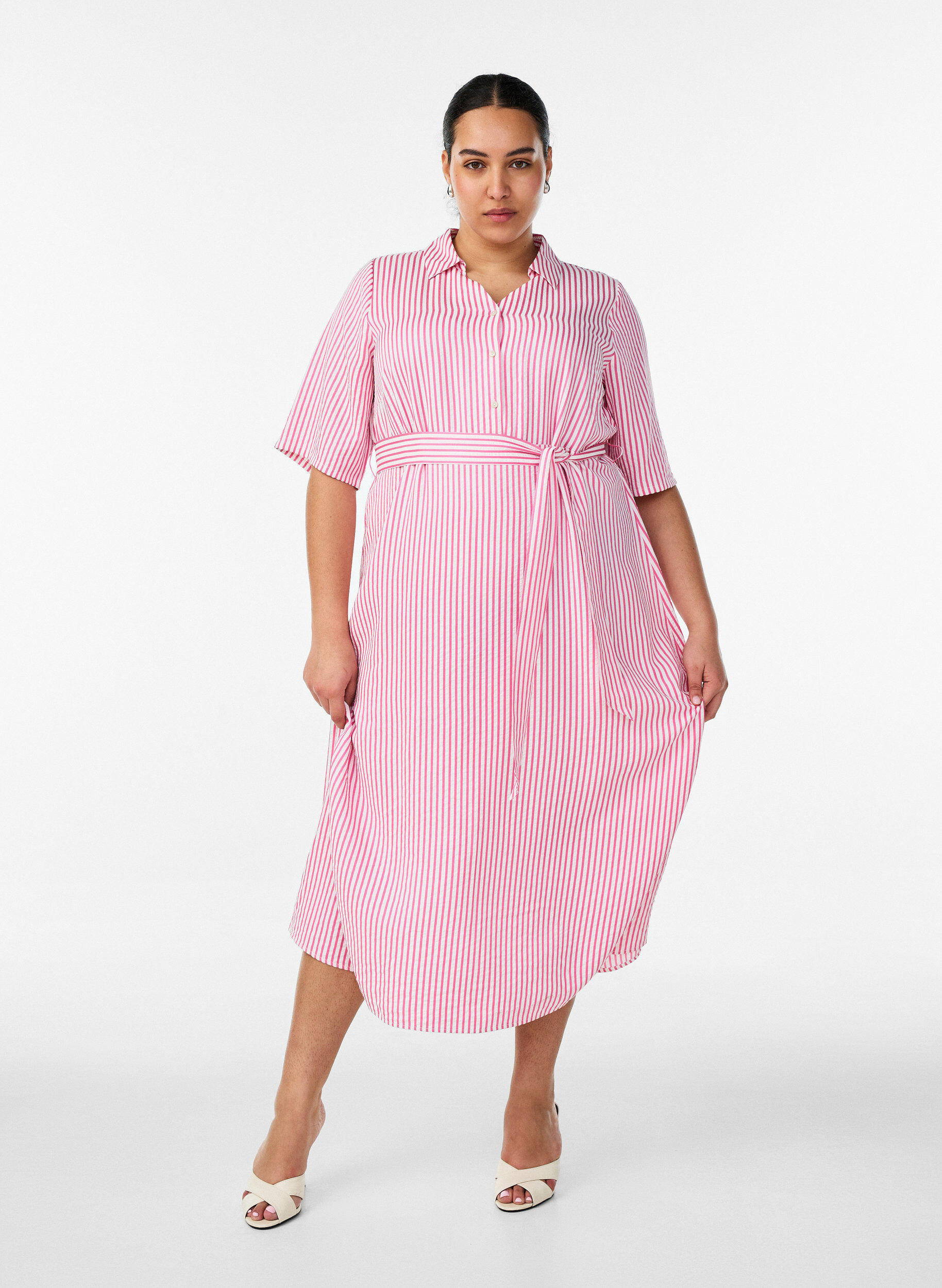ZizziNilkkapituinen paitamekko, jossa solmittava vy&ouml; ja raitoja, Vaaleanpunainen, Model image number 0