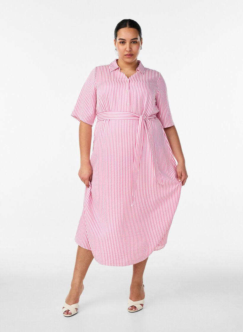Nilkkapituinen paitamekko, jossa solmittava vy&ouml; ja raitoja, Vaaleanpunainen, Model image number 0