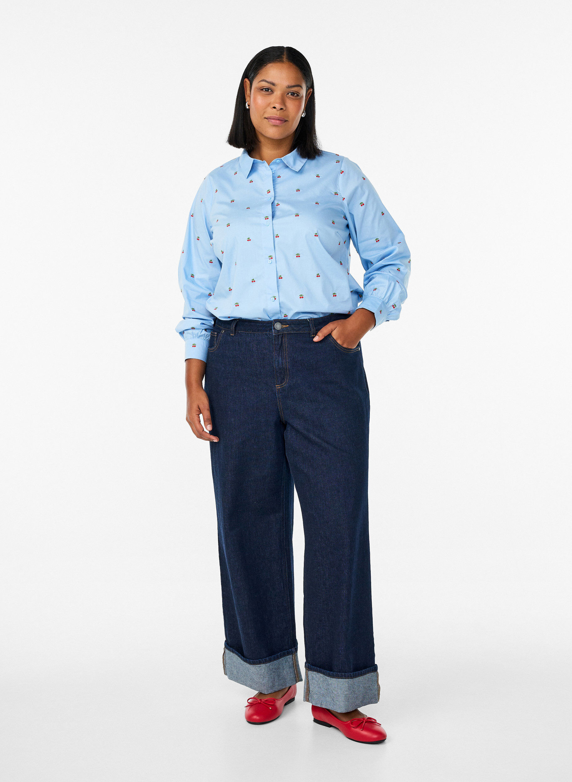 Zizzi Paita kirjotuilla kirsikoilla, Sininen, Model image number 1