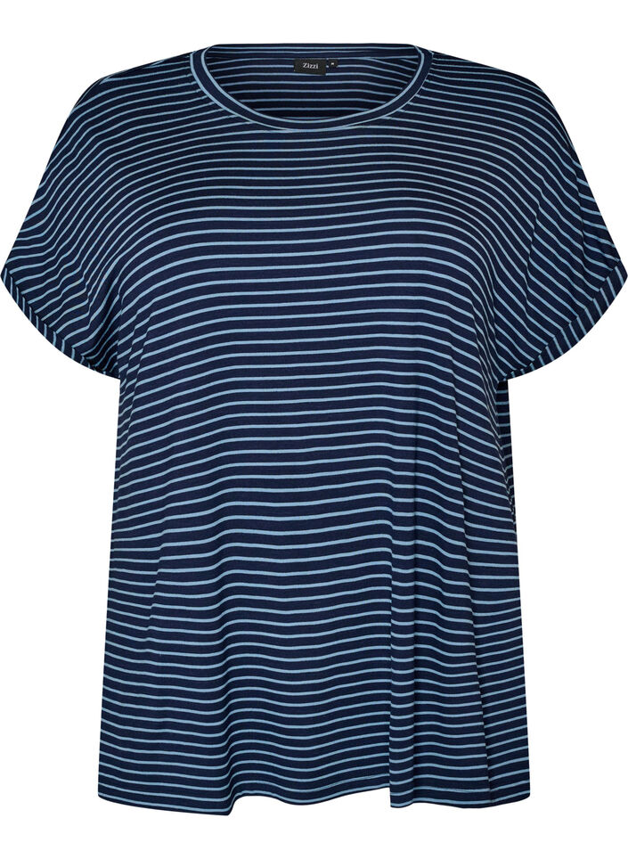 Raidallinen T-paita viskoosista py&ouml;re&auml;ll&auml; p&auml;&auml;ntiell&auml;, Sininen, Packshot image number 0