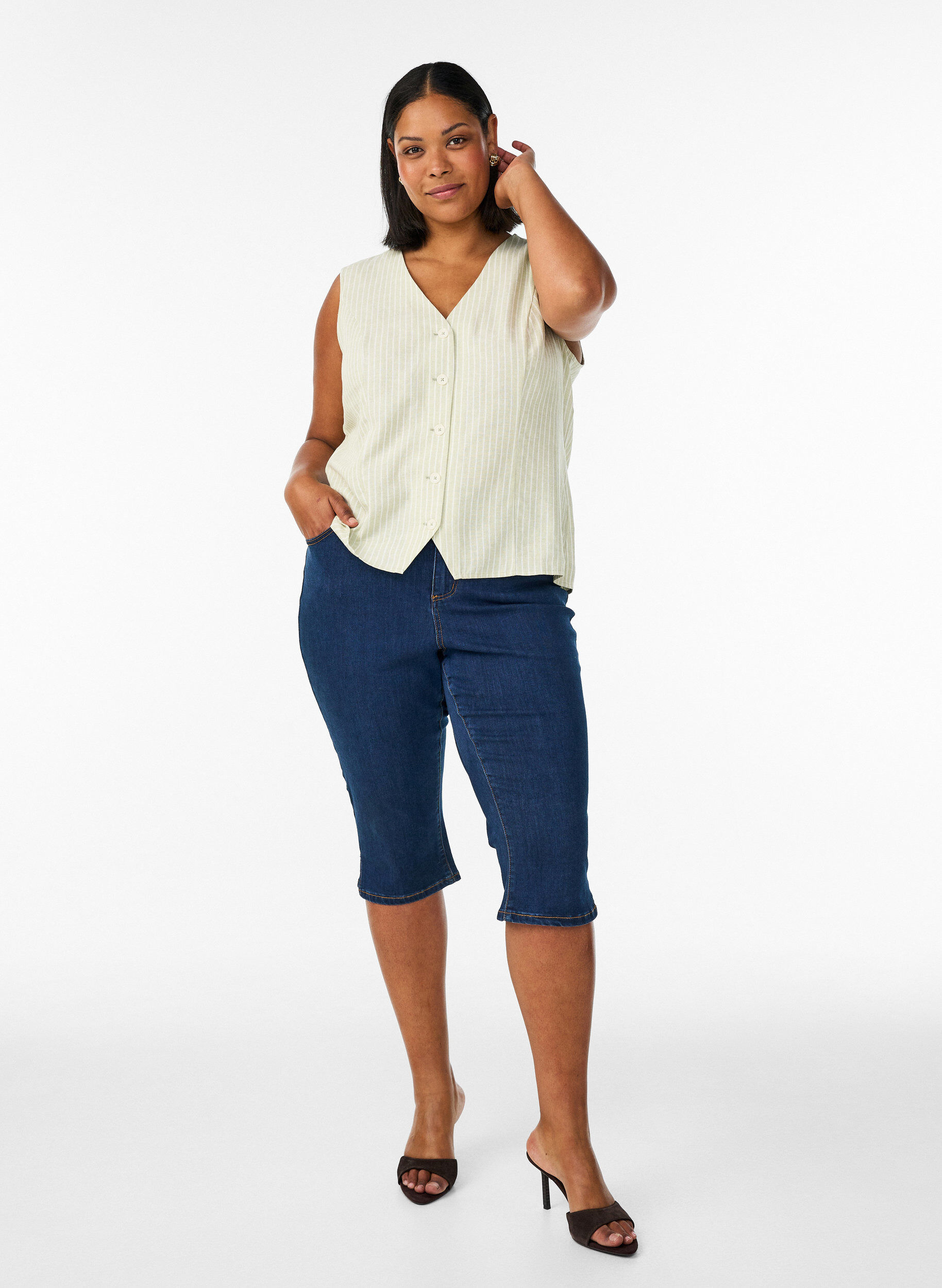 ZizziRaidallinen liivi pellavaa ja viskoosia, Vihre&auml;, Model image number 1