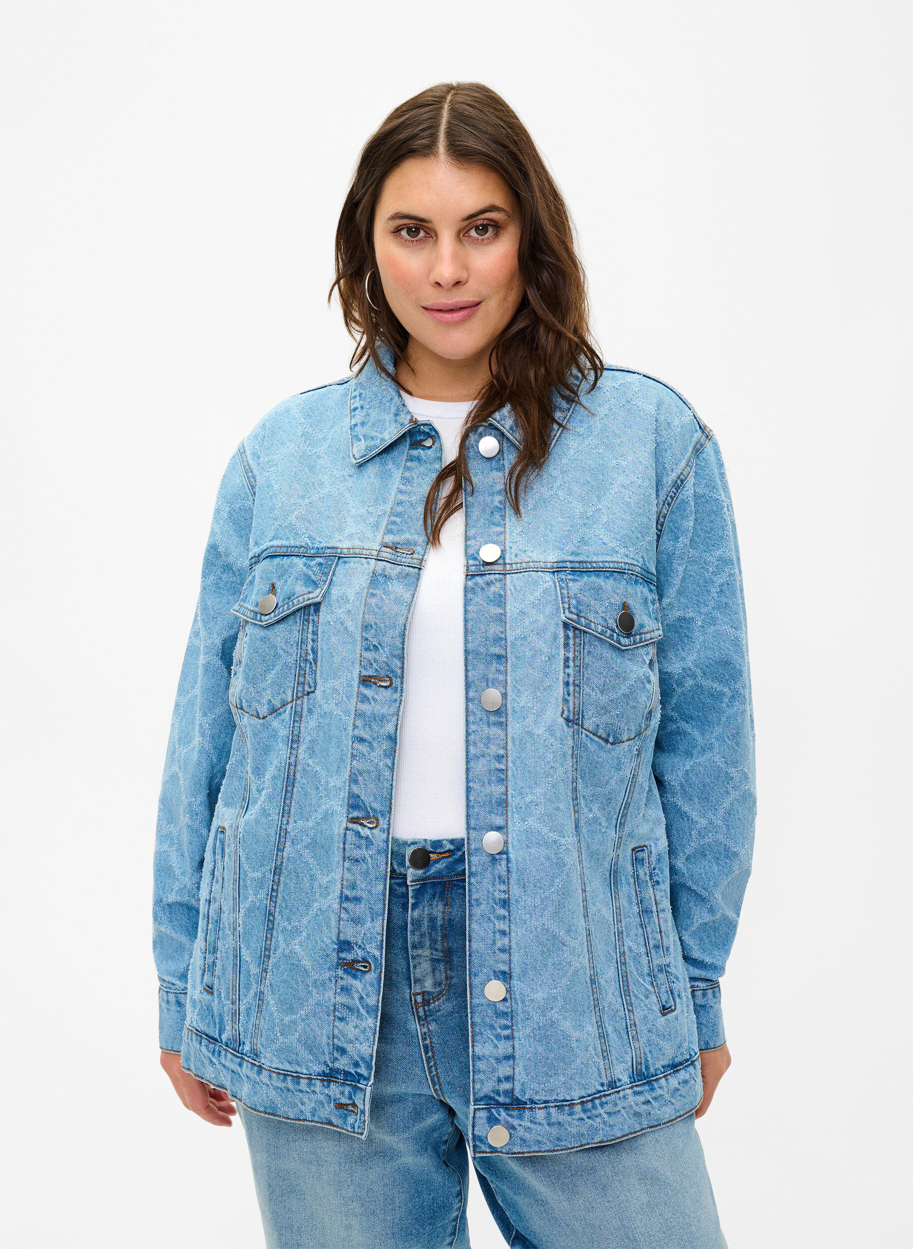 Zizzi Farkkutakki h&auml;ivytetyll&auml; kuviolla, Blue denim, Model image number 0