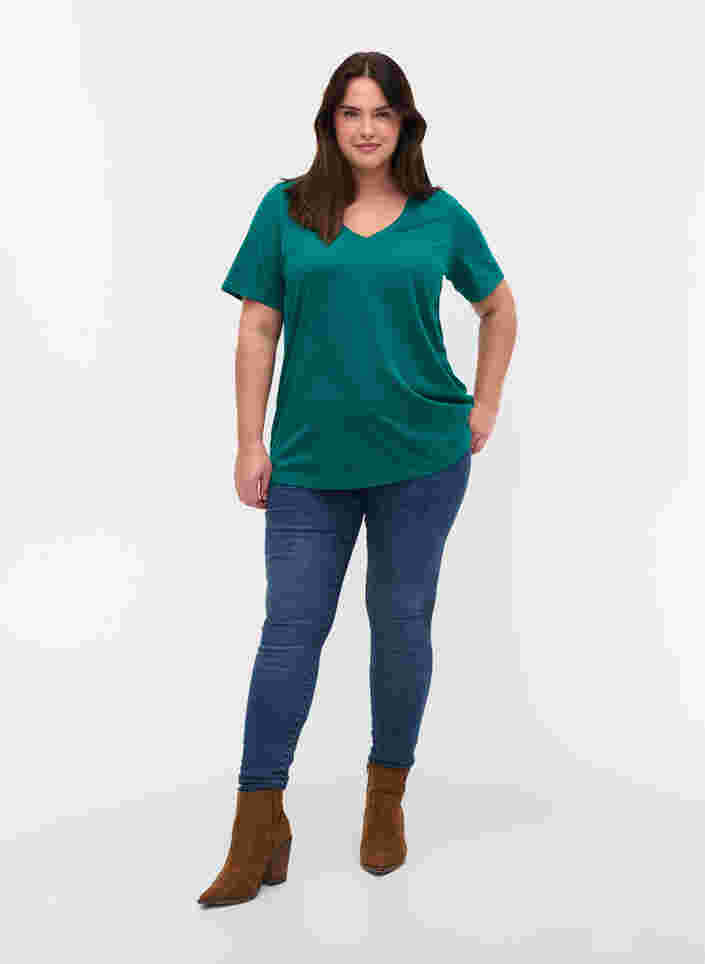T-paita ekologisesta puuvillasta v-aukolla, Teal Green, Model image number 2