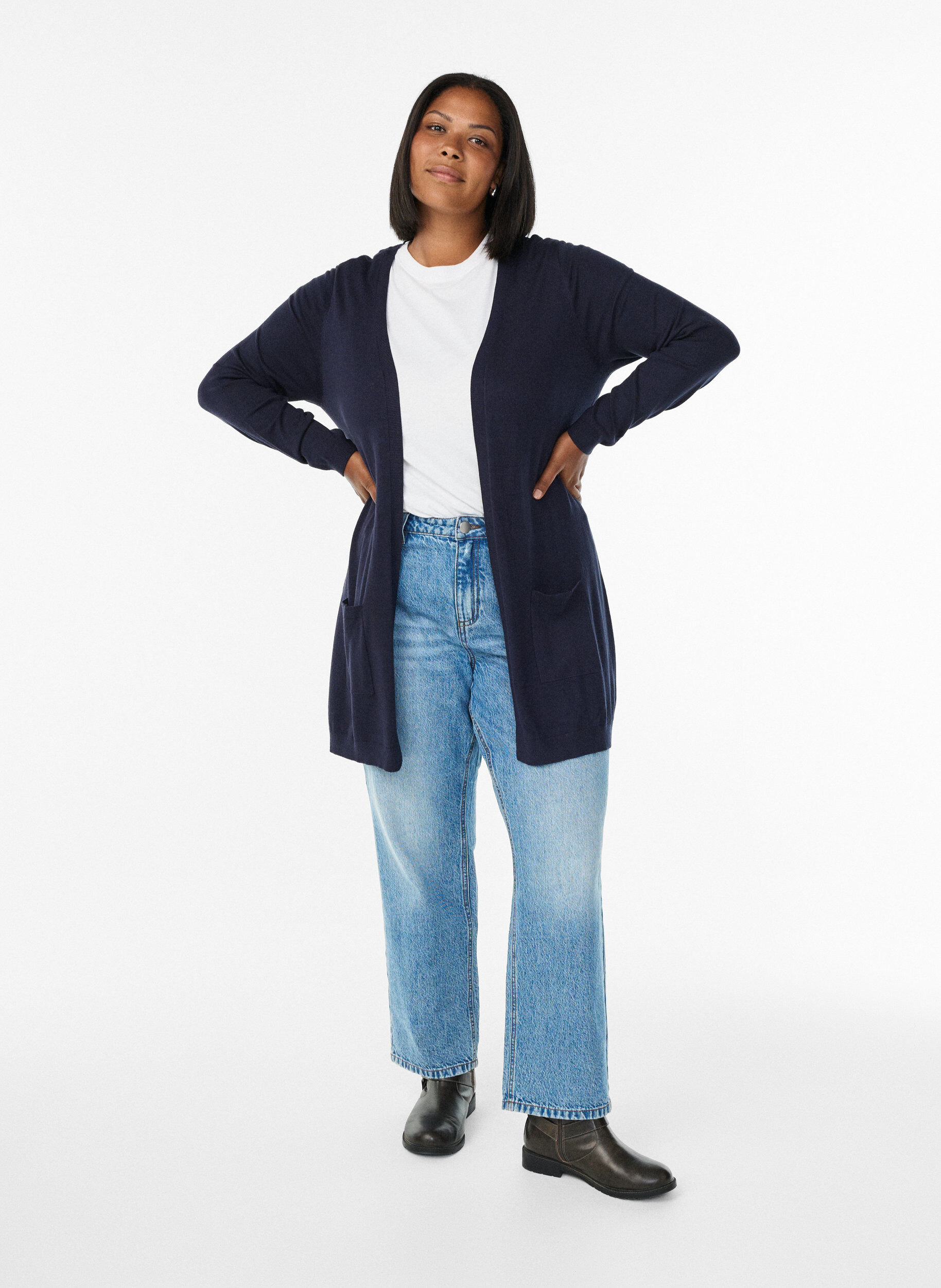 Zizzi Pitk&auml; neuletakki viskoosisekoitteesta, Sininen, Model image number 1