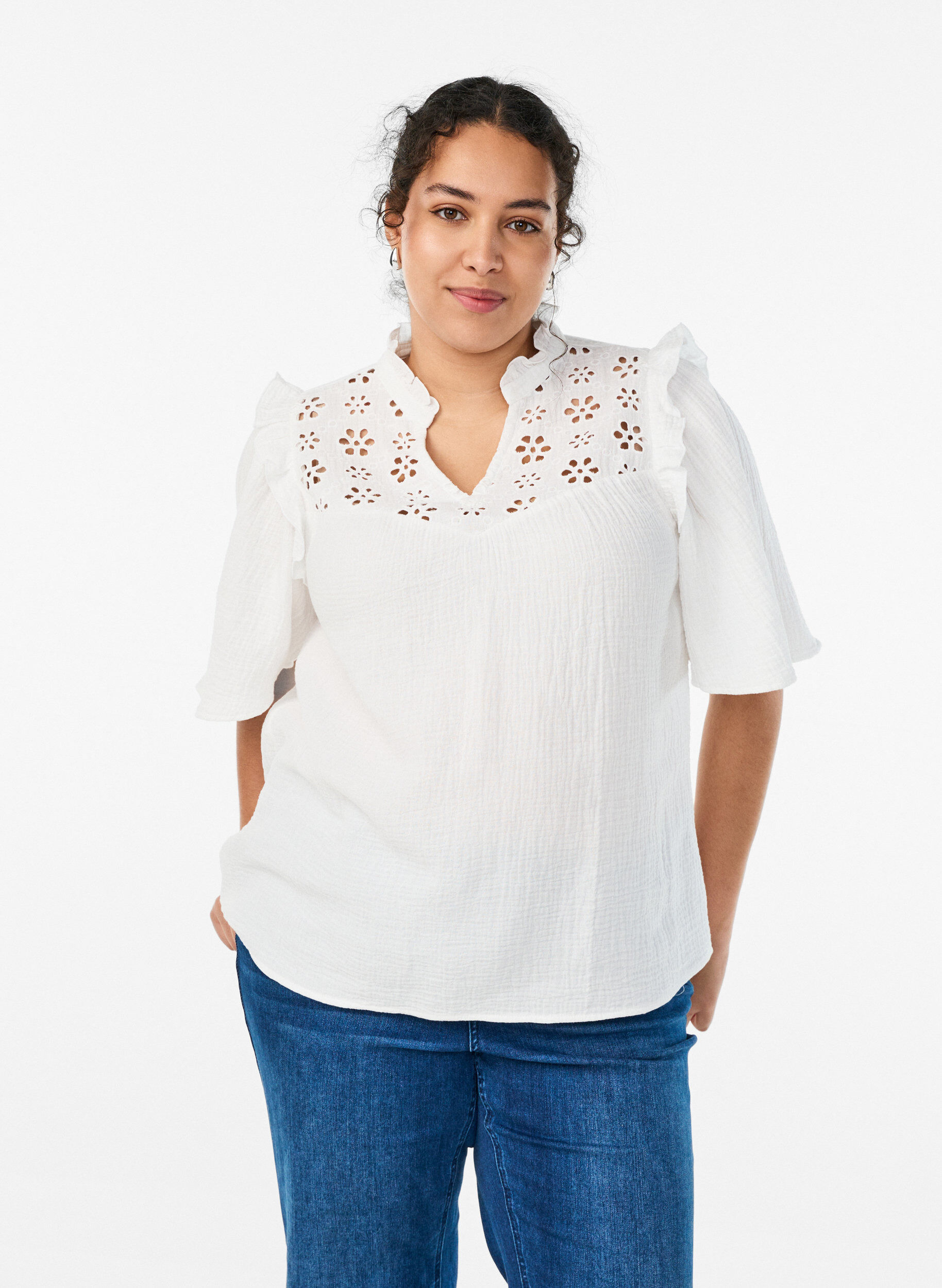 Puuvillamusliinipusero broderie anglaise -kirjonnalla ja 1/2-hihoilla, Valkoinen, Model