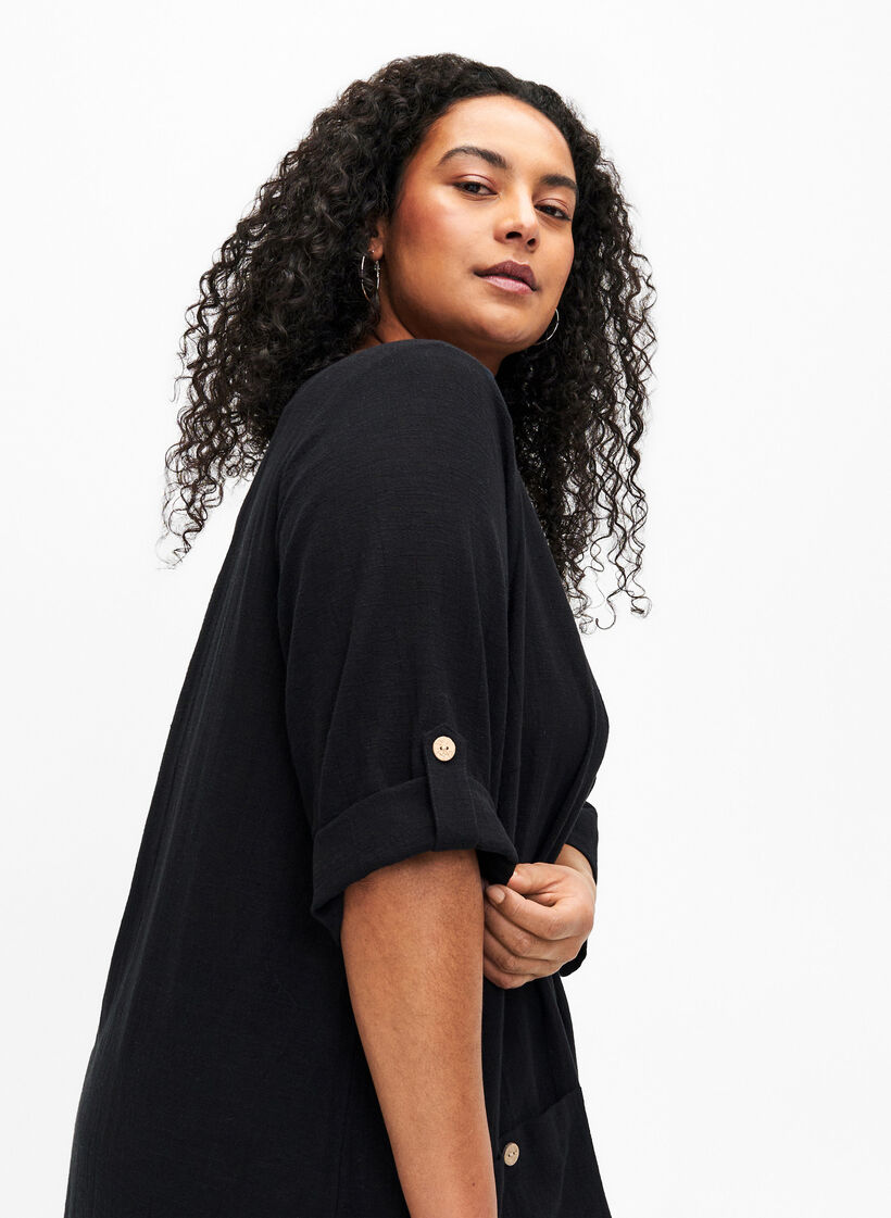 puuvillan ja pellavan sekoitteesta valmistettu tunika ¾-mittaisilla hihoilla, Black, Model image number 2